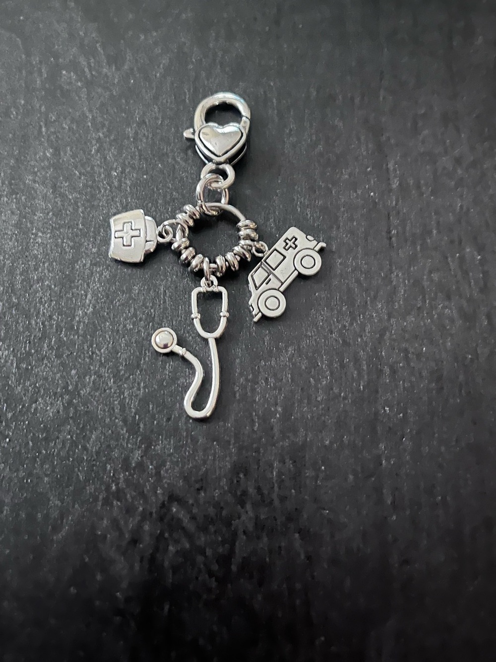 Silver Medical Charm Dangle with Stethoscope, Nurse Cap & Ambulance